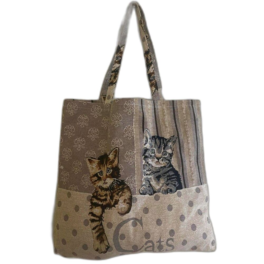 Vintage Tapestry Cat Tote Bag Large Black Gray Cotton Canvas Handmade NOS 16x16